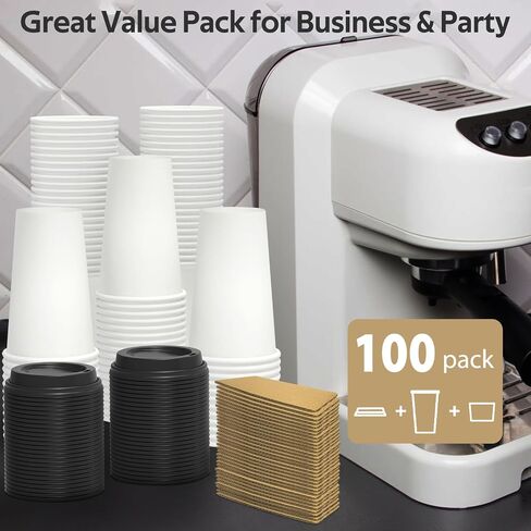 100 Pack 12 oz Disposable Coffee Cups with Lids and Sleeves, Sturdy Thick Paper & Leak-free Insulated to Go Coffee Cups with Lids, Paper Hot Coffee Cups with Sip Lids for Hot & Cold Beverage in Kuwait