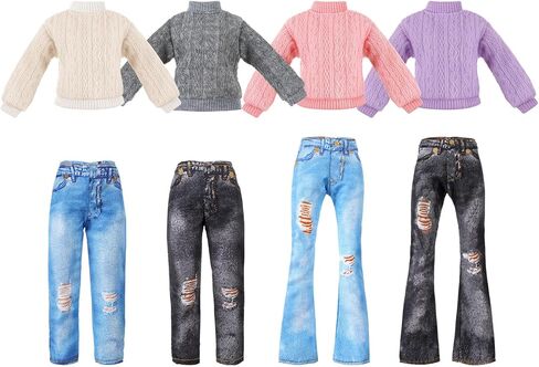 Bencailor 8 Pieces 11.5 Inch Doll Clothes and Accessories Sweaters Denim Pant Outfit Clothing for 11.5 Inch Doll(Round Neck Sweater) in Kuwait