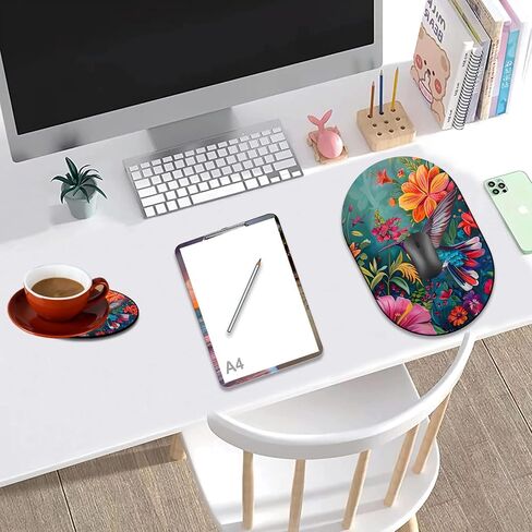 Smooth Surface Gaming Mousepad and Coaster Set, Beautifully Patterned Non-Slip Rubber Mousepad Suitable for Office and Home Mousepads, Flowers and Hummingbirds in Saudi Arabia