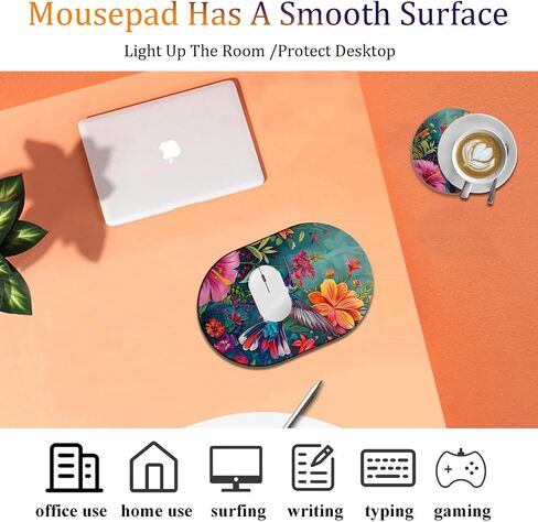 Smooth Surface Gaming Mousepad and Coaster Set, Beautifully Patterned Non-Slip Rubber Mousepad Suitable for Office and Home Mousepads, Flowers and Hummingbirds in Saudi Arabia