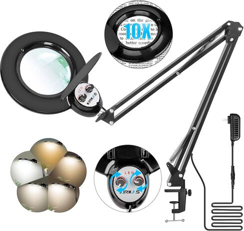 KIRKAS 10X Magnifying Glass with Light and Clamp, LED Magnifying Lamp, 2200 Lumen Any Color Modes and Stepless Dimming, Real Glass Lens Magnifier Light for Crafts, Reading, Sewing, Close Work- Black in Saudi Arabia