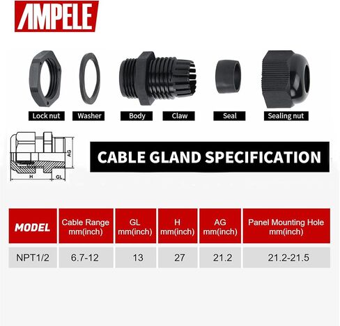 Cable Gland 20 Pack 3-25mm Waterproof Adjustable 1/4'', 3/8'', 1/2'', 3/4'', 1'' NPT Cable Gland Joints with Gaskets (Each 4 Pack, 20 Pack) in Saudi Arabia