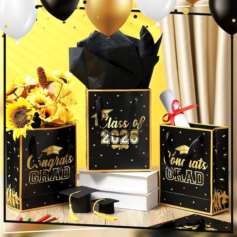 Nezyo 24 Pcs 2025 Graduation Gift Bag with Handle and Tissue Paper 7 x 9 Inch Grad Gift Bag Bulk Congrats Grad Party Favor Bag for High School College University Students Party Supplies (Black) in Saudi Arabia