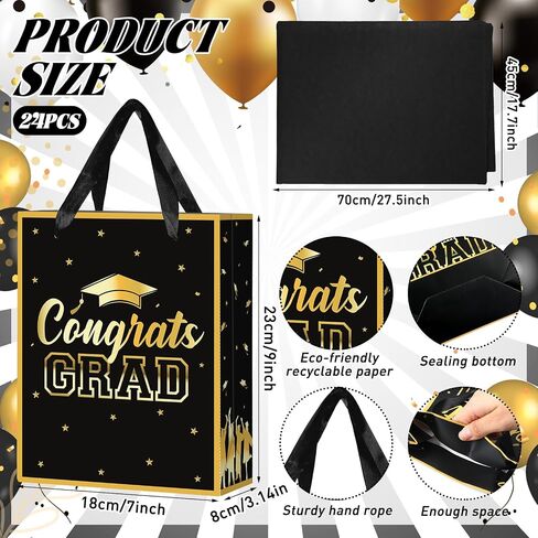 Nezyo 24 Pcs 2025 Graduation Gift Bag with Handle and Tissue Paper 7 x 9 Inch Grad Gift Bag Bulk Congrats Grad Party Favor Bag for High School College University Students Party Supplies (Black) in Saudi Arabia