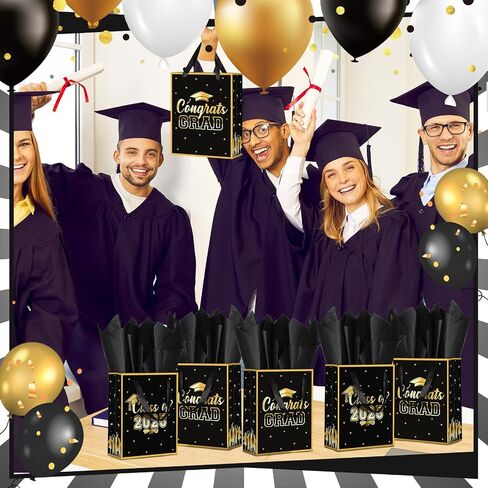 Nezyo 24 Pcs 2025 Graduation Gift Bag with Handle and Tissue Paper 7 x 9 Inch Grad Gift Bag Bulk Congrats Grad Party Favor Bag for High School College University Students Party Supplies (Black) in Saudi Arabia