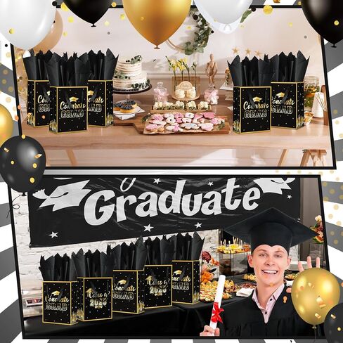 Nezyo 24 Pcs 2025 Graduation Gift Bag with Handle and Tissue Paper 7 x 9 Inch Grad Gift Bag Bulk Congrats Grad Party Favor Bag for High School College University Students Party Supplies (Black) in Saudi Arabia