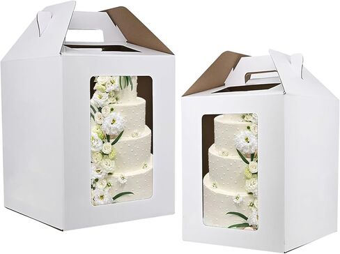 علب الكيك KBG 6 قطع 10 × 10 × 12 و12 × 12 × 14 بوصة مع صندوق كعكة طويل القامة لنافذة للكعك من الطبقة لنقل أعياد الميلاد والزفاف، صندوق مخبز أبيض قوي، حاويات كعكة للاستعمال مرة واحدة، صناديق الكيك in Kuwait