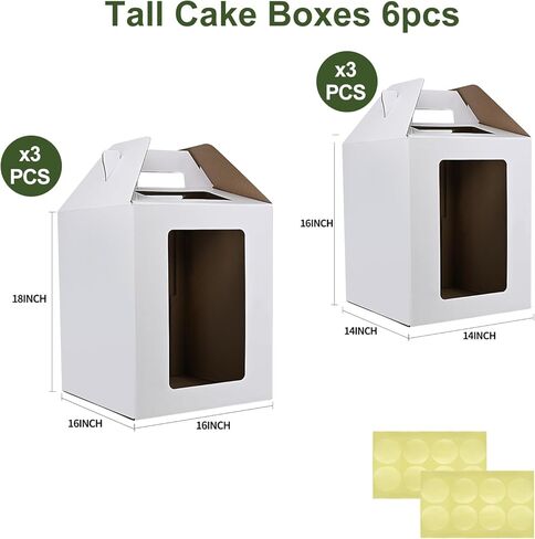 علب الكيك KBG 6 قطع 10 × 10 × 12 و12 × 12 × 14 بوصة مع صندوق كعكة طويل القامة لنافذة للكعك من الطبقة لنقل أعياد الميلاد والزفاف، صندوق مخبز أبيض قوي، حاويات كعكة للاستعمال مرة واحدة، صناديق الكيك in Kuwait