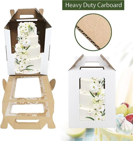 علب الكيك KBG 6 قطع 10 × 10 × 12 و12 × 12 × 14 بوصة مع صندوق كعكة طويل القامة لنافذة للكعك من الطبقة لنقل أعياد الميلاد والزفاف، صندوق مخبز أبيض قوي، حاويات كعكة للاستعمال مرة واحدة، صناديق الكيك in Kuwait