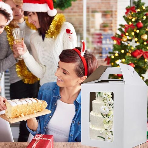 علب الكيك KBG 6 قطع 10 × 10 × 12 و12 × 12 × 14 بوصة مع صندوق كعكة طويل القامة لنافذة للكعك من الطبقة لنقل أعياد الميلاد والزفاف، صندوق مخبز أبيض قوي، حاويات كعكة للاستعمال مرة واحدة، صناديق الكيك in Kuwait