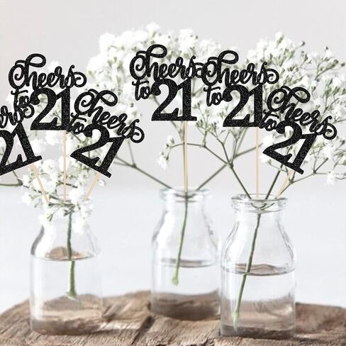 12 PCS Cheers to 21 Centerpiece Sticks Double Sided Glitter 21st Birthday Cake Toppers Number 21 Centerpieces Table Flower Topper Decorations for 21st Birthday Party Centerpiece Supplies Black in Saudi Arabia