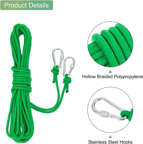 MECCANIXITY Hollow Braided Polypropylene Anchor Rope with Hook, 1/4 Inch 66ft Nylon Floating Line for Marine Pool Life Boat Anchor Rope, Black in Saudi Arabia