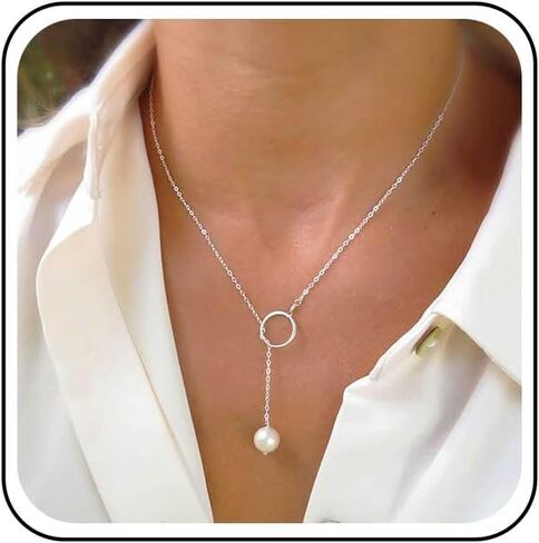 Yheakne Boho Pearl Circle قلادة فضية Y لؤلؤة قلادة الحد الأدنى Y Lariat قلادة سلسلة مجوهرات للنساء والفتيات في سن المراهقة (فضية) in Kuwait
