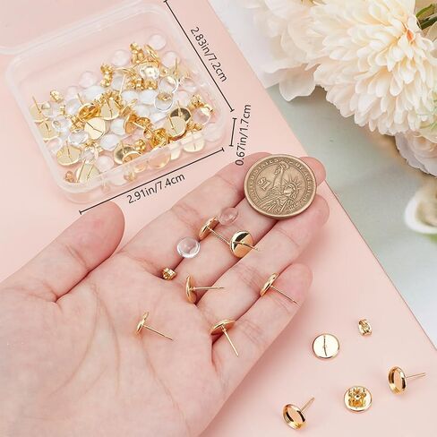 Beebeecraft 1 Box 40 Sets Cabochon Stud Earring Blanks Stud Earring Bezel 18K Gold Plated Stainless Steel Round Flat Post for Jewelry Making Finding Supplies DIY Crafts in Kuwait