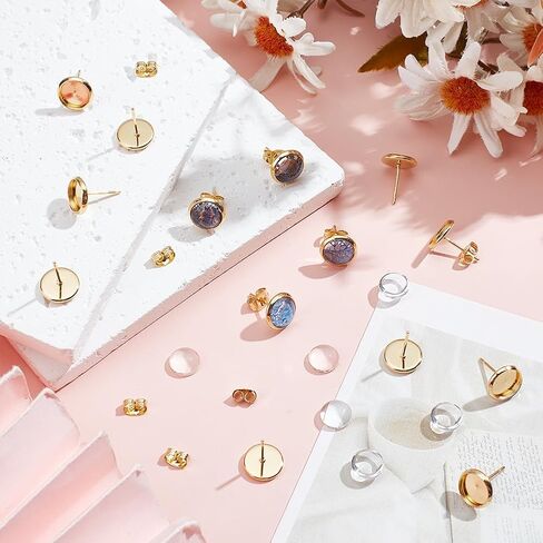 Beebeecraft 1 Box 40 Sets Cabochon Stud Earring Blanks Stud Earring Bezel 18K Gold Plated Stainless Steel Round Flat Post for Jewelry Making Finding Supplies DIY Crafts in Kuwait