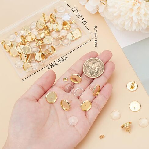 Beebeecraft 1 Box 40 Sets Cabochon Stud Earring Blanks Stud Earring Bezel 18K Gold Plated Stainless Steel Round Flat Post for Jewelry Making Finding Supplies DIY Crafts in Kuwait