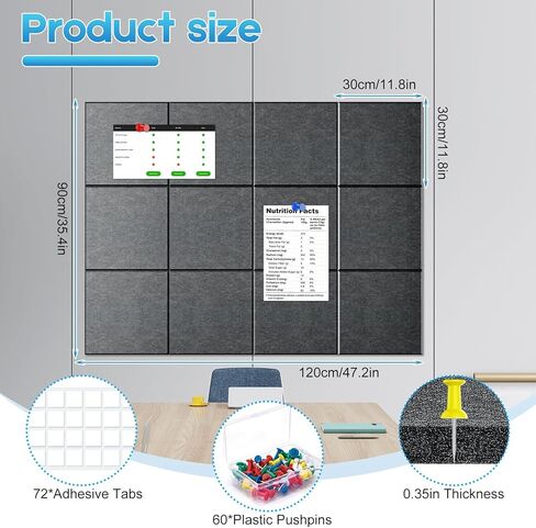 لوحة الفلين الكبيرة للجدار 47 "× 35" ، 12 حزمة لوحة إعلانات أسود ، بلاط الجدران شعر مع 72 علامات تبويب لاصق قابلة للإزالة آمنة ، 60 دبابيس الدفع ، لوحات الفلين للوحة دبوس المنزل لوحة المسام in Kuwait