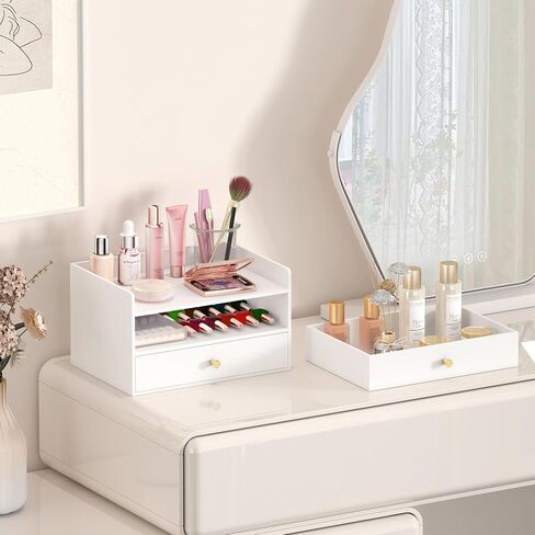 Bamboo Desk Organizer - Stackable, No Assembly Required, Ideal for Office/Home Use - Perfect for Toiletries, Stationery, Accessories. (White, Two level drawer box with sides) in Kuwait