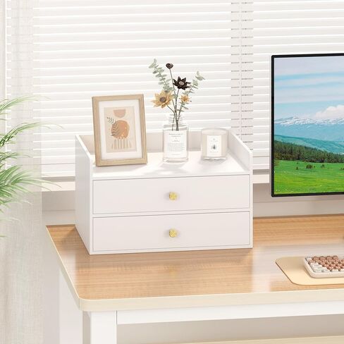 Bamboo Desk Organizer - Stackable, No Assembly Required, Ideal for Office/Home Use - Perfect for Toiletries, Stationery, Accessories. (White, Two level drawer box with sides) in Kuwait