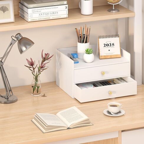 Bamboo Desk Organizer - Stackable, No Assembly Required, Ideal for Office/Home Use - Perfect for Toiletries, Stationery, Accessories. (White, Two level drawer box with sides) in Kuwait
