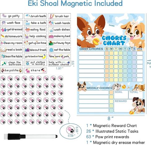 EkiShoal Dogs Kids Chore Chart Magnetic Set - 5 in 1 - Reward Chart for Kids, Good Behavior Chart for Kids at Home, My Responsibility Chart for Kids, Magnetic Reward Chart for Kids Behavior - Large in Saudi Arabia