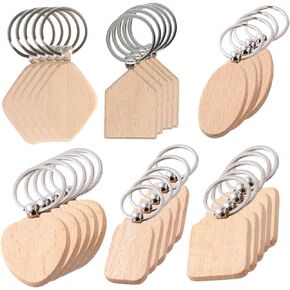 Garqitwan 30 pcs فراغات مفاتيح خشبية ، سلسلة مفاتيح خشبية ، مربع غير مكتمل ، مستطيل ، القلب ، المعين ، البيضاوي ، حلقة مفتاح نقش خشبية على شكل منزل لعلاج هدايا DIY ، 1ASQ1