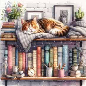 ajepon Cat Paint by Numbers Kit, Painting by Number Kits for Adults Cat, Bookshelf Adults Paint by Numbers Kits on Canvas Without Frame Oil Painting for Home Wall Decor 16X16inch