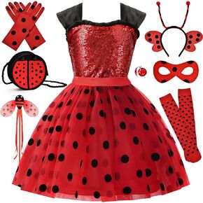 G.C 11pcs Girls Lady Bug Dress Costume Kids Toddler Princess Dress Up Clothes with Polka Dots Halloween Gifts