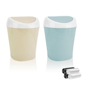 4 Pcs Plastic Mini Trash Can Wastebasket with 8 Rolls Trash Bags, Tiny Bathroom Trash Can with Swing lid, Small Countertop Waste Basket for Home Office Kitchen Vanity Tabletop