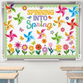 Pasimy 65 Pcs Spinning into Spring Bulletin Board Set with Borders Spring DIY Pinwheel Flower Cutouts Colorful Floral Butterfly Classroom Decorations for School Home Decor Back to School Supplies