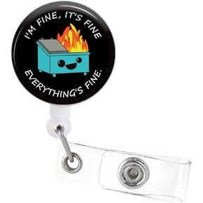Dumpster Fire Badge Reel - Funny It's Fine I'm Fine Everything is Fine Badge Clip Retractable with ID Clip for Nurse Nursing Name Tag Card Cute Black Badge Holder for Doctor Teacher Student Worker ﻿