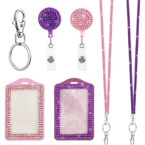 2 PCS Rhinestone Bling Lanyard with Id Badge Holder, Rhinestone Lanyard for Id Badges Diamond Crystal Id Card Holder Crystal Retractable Badge Reel Neck Lanyard with Key Ring and Metal Clasp