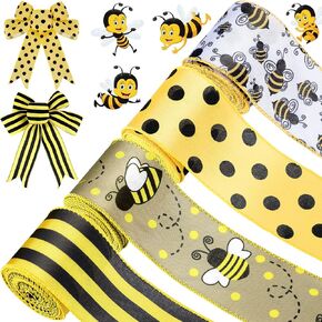 Chuangdi 4 Rolls 26 Yards Honey Bee Wired Ribbon 2.5 Inch Yellow Spring Summer Ribbon Bee Gifts for Wreath, Hair Bows, Gift Wrapping, Crafting, Sewing, Home Party Decoration