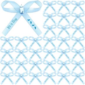 juexica 100 pcs ilbons baby shower bows bows bows 3 "ساتان مسبق الحرف ، إنه شريط طباعة قدم للجنسين للكشف عن هدية عيد ميلاد ديكور التغليف