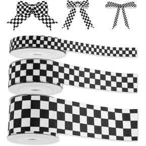 3 Rolls 15 Yards Checkered Ribbons, 3 Size Wrapping Ribbons, Car Theme Racing Ribbon, Checkered Ribbon for DIY Birthday Gift Packaging Party Wreath Decoration Bow Crafts (1.5in, 0.87in, 0.39in)