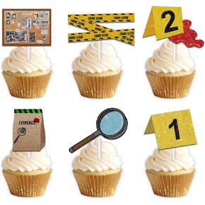 Mystery Crime Clue Evidence Dessert Cupcake Topper Pick for Detective Suspect Theme Decor Supplies Woman Man Happy Birthday Party Decoration set 18pcs Glitter