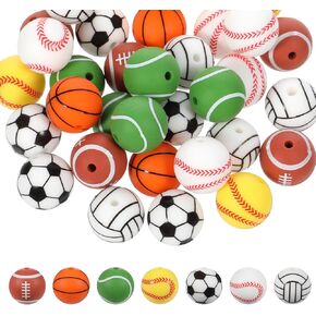 35 PCS Silicone Beads, 15mm Silicone Loose Beads Sports Ball Silicone Beads Softball Baseball Football Silicone Pen Beads Bulk for Keychain Making Bracelet Necklace Lanyards Pen DIY Crafts