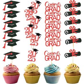 التخرج Cupcake Toppers 2025 تخرج كعكة القبعات العليا لزخارف الحفلات في كلية الثانوية العليا 24 مساءً (أسود وأزرق)