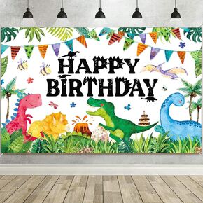 5x3ft Dinosaur Banner Decorations - Watercolor Jungle Dinosaurs Theme Backdrop for Kids' Birthday Party, Photo Prop, Indoor & Outdoor Decorative Supplies