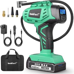 Tire Inflator Portable Air Compressor, 20V Cordless Car Tire Pump, Rechargeable Battery Powered Air Compressor w/12V DC Adapter Green