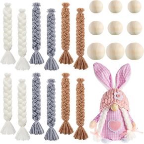 Syhood 21 Pieces Gnome Braids for Crafting Gnome Making Supplies for Craft Pre Cut Dwarf Braid Beard and Small Unfinished Wooden Ball Nose Handmade Accessories(Yellow, Gray)