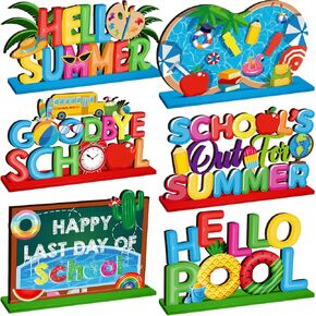 6 أجهزة كمبيوتر Hello Summer Table Decoration Happy Last Last Day of School Table Sclud's Out of Summer Actord Pool Wooden Tabletop Centerpaces for Holiday Party Supplies Decor