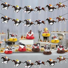 Kentucky Derby Party Decorations Set, 3PCS Kentucky Derby Banners Horse Racing Streamer & 9PCS Horse Racing Honeycomb Centerpieces Table Decors, Race Horse Birthday Derby Party Supplies