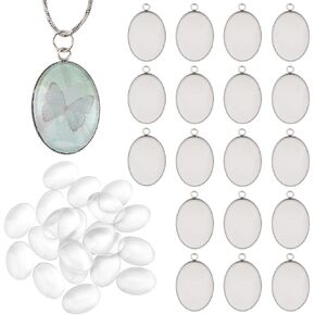 PH PandaHall Oval Photo Charms Pendant Blank Trays Bezel, Transparent Glass Cabochon Dome Tiles Memorial Photo Pendant