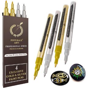 4 Gold And Silver Paint Pens | Set 2 Gold + 2 Silver Metallic Acrylic Paint Pens | Extra Fine Tip 0,7mm For Fabric, Ceramics, Stones, Glass, Wood