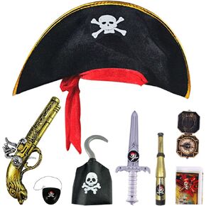 8 PCS Kids Pirate Party Set - إكسسوارات موضوع القراصنة مع قبعة ، سيف ، مسدس ، تصحيح العين ، التلسكوب ، البوصلة ، الخطاف والخريطة