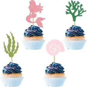 24pcs قبعات كب كيك حورية البحر مع قذيفة Sehorse Starfish Mermaid Tail Cupcake يختار استحمام الطفل تحت موضوع Sea Sequ