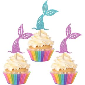 24pcs ذيول حورية البحر ذيول كب كيك أعلى الأقطار اللامعة الوردي والأزرق حورية البحر ذيول cupcake يختار الطفل استحمام الأطفال