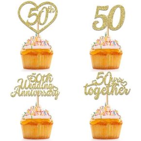 24Pcs 50th Wedding Anniversary Cupcake Toppers Gold Glitter 50th Golden Heart Cupcake Picks for Celebration 50 Golden Wedding Anniversary Party Supplies in Kuwait