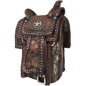 Ebros Gift Rustic Western Faux Tooled Geather Rustic Western Southwestern Cowboy Horse Saddle with Silver Stats Lone Star Money Coin Savings Piggy Bank Decoratiat